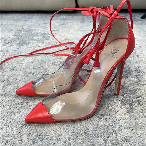 Brother Vellies De Fleur Ankle Tie Pointed Toe Pumps Red Orange PVC Sz 6 - Picture 4 of 15